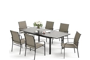 SUNSHINE VALLEY Patio Dining Set 7 PCS, Outdoor Brown Dining Chairs for 6, Rectangular Steel Extendable Dining Table,Patio Dining Table and Chairs for Outdoor Lawn Garden,Deck.