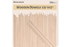 Moukiween Wooden Dowel Rods, 50PCS 1/4 x 12 Inch Round Wooden Sticks for Arts Crafts, Home Decor, Cake Support, Photo Booth Props, Unfinished Natural Hardwood Sticks