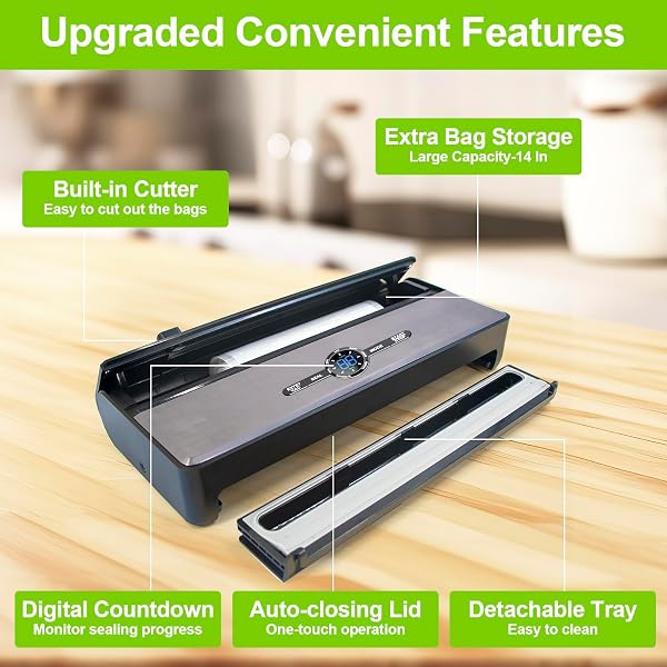 AUTOMATIC VACUUM SEALER MACHINE FOR FOOD, 9-IN-1 WITH CUTTER, BAG STORAGE, MOIST & DRY & LIQUID & SOFT, EXTERNAL VAC FOR JARS AND CONTAINERS, 85KPA WITH STARTER KITS -1*BAG ROLL&10*BAGS