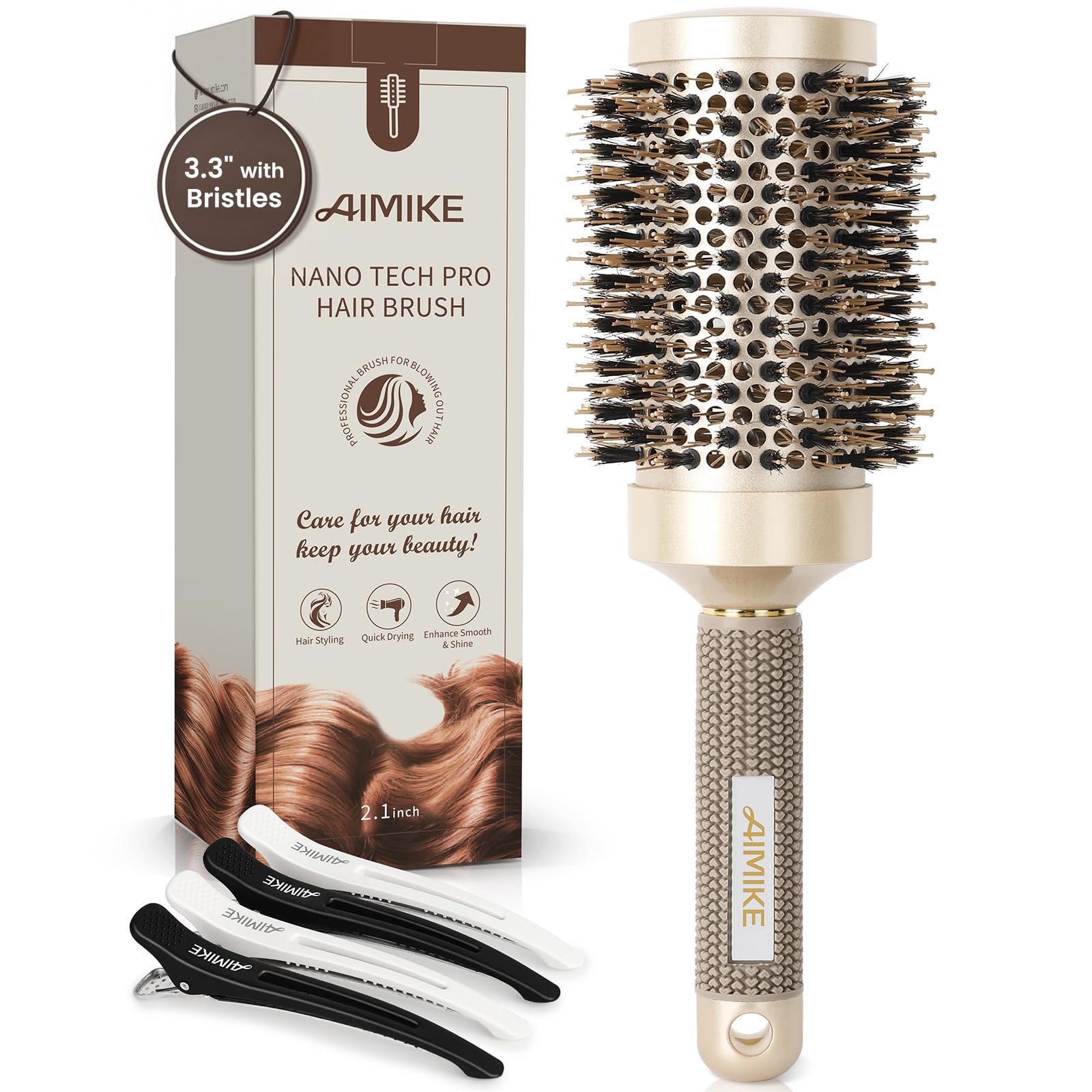 Photo 1 of AIMIKE Round Hair Brush, Nano Thermal Ceramic & Ionic Tech, 2.1 Inch Barrel with Boar Bristles for Enhanced Texture, Golden, Hair Drying, Styling, Curling and Shine + 4 Free Clips