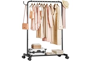 Homde Rolling Clothes Rack with Hooks: Standing Garment Storage for Indoor - Hanging Rod for Bedroom Laundry Room - Coat Dress Organizer on Wheels with luggage shelf (Black, 32")