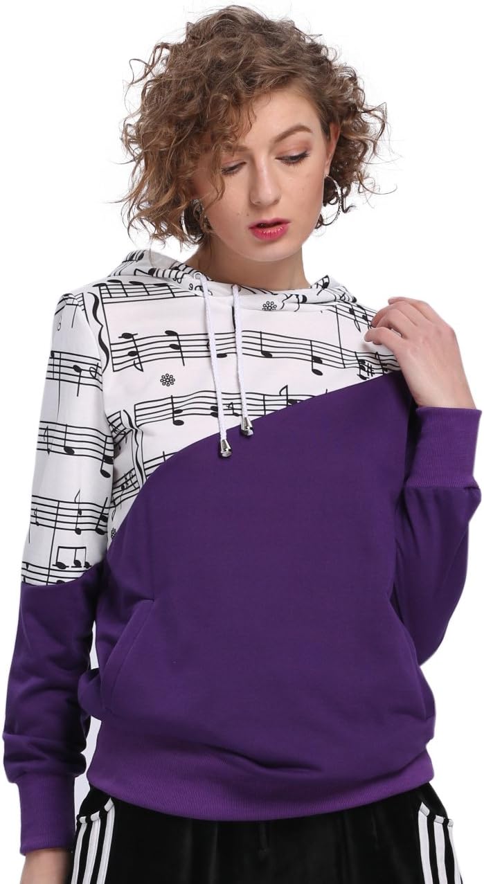 Payeel Women's Music Notes Printed Color Block Pullover Hoodies