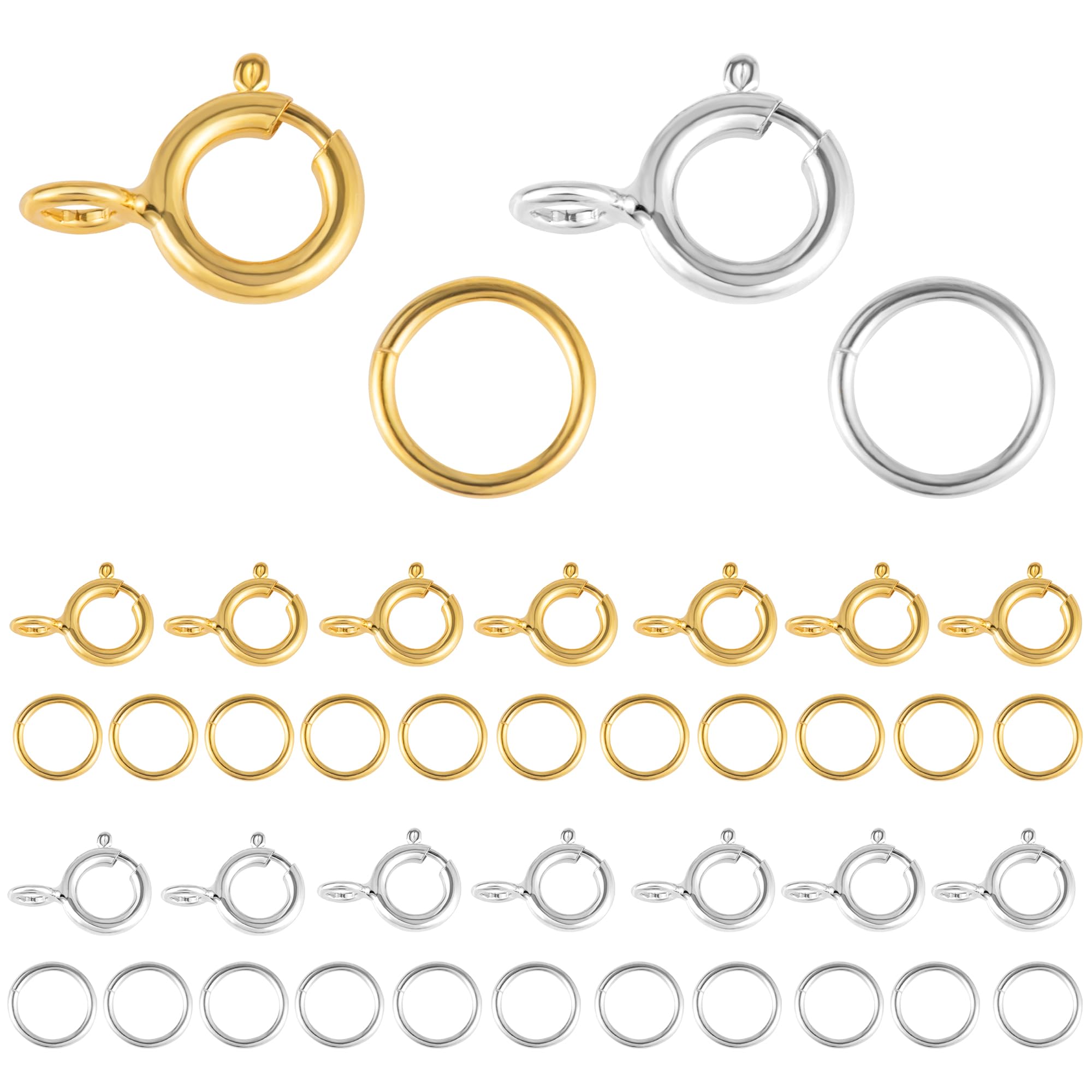 ALEXCRAFT 925 Sterling Silver Clasps for Jewellery Making, 40PCS Gold and Sliver Spring Clasps Open Jump Rings Gold Plated 5mm Round Clasps Connectors, Clasps for Necklace Bracelet Making Set