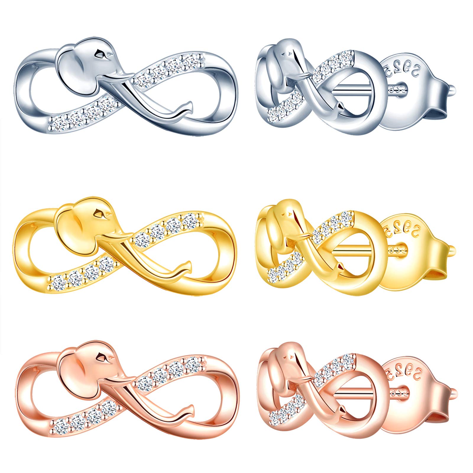 MicLee Woman's girl's Earrings, 925 Sterling silver animal earrings, Mini elephant infinity symbol earrings studs, Inlaid zircon, silver, rose gold, gold
