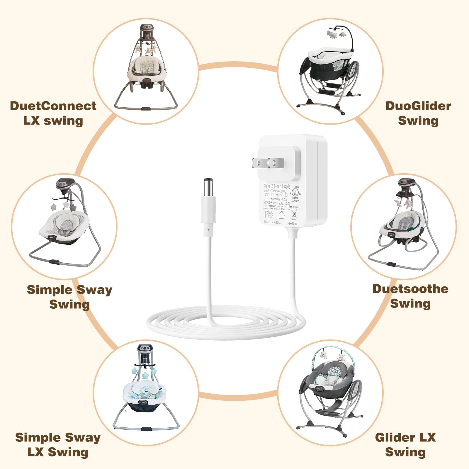 5V 2A Baby Swing Power Cord 6ft Replacement for Graco Duetsoothe/DuoGlider/Baby Swing,Compatible with Graco Simple Sway Swing/Glider LX/Simple Sway LX, Adapter 5V Charger Baby Swing Ideal for Parents