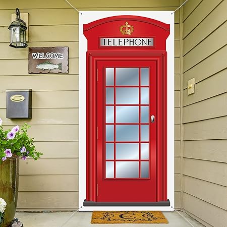 Amazon Co Jp 英語電話ブースドアカバー 大きなファブリックレッド電話ボックスドアカバー ホームジョイント電話ボックス装飾バナー 写真背景 英国国際テーマパーティー記念品 78 7 X 35 4インチ ドラッグストア