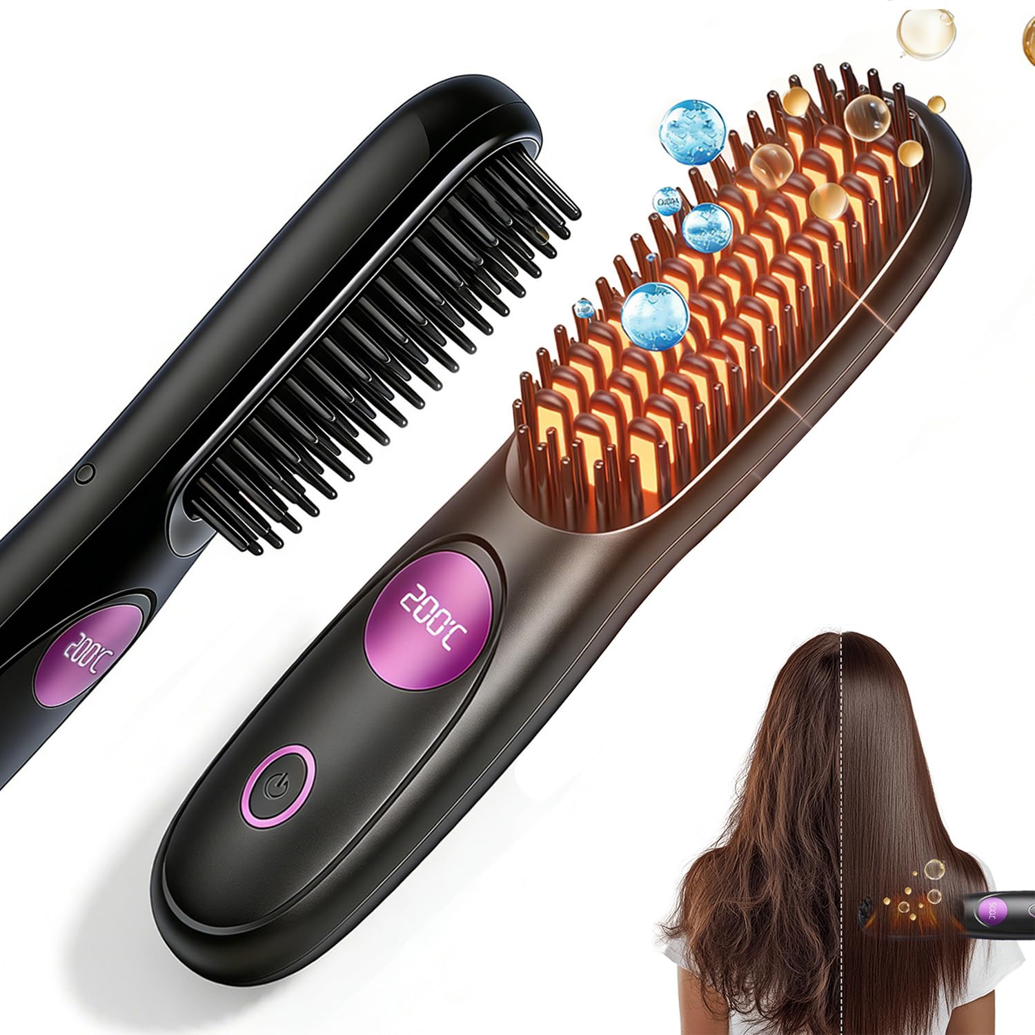 Photo 1 of Cordless Hair Straightener Brush Pro, 2026 Upgraded Portable Hair Straightener, Type-C Fast Charging MCH Heating with 3 Temperature Settings, Ionic & Ceramic Care, Travel Styling Tool (Black)