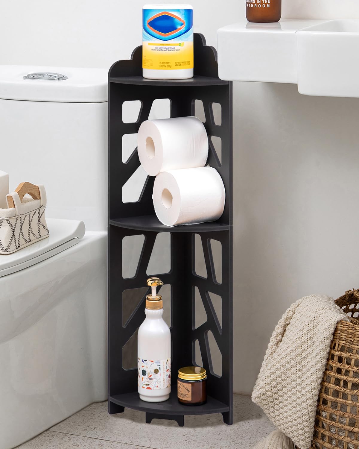 Photo 1 of J JINXIAMU Corner Shelves,Corner Shelf Stand Waterproof Great for Bathroom Storage Tight Space,Small Shelf Stand Fit for Toilet Paper Holder Storage, Corner Tables for Small Space,Black