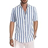 JMIERR Men's Casual Stylish Short Sleeve Button-Up Striped Dress Shirt Cotton Beach Shirts