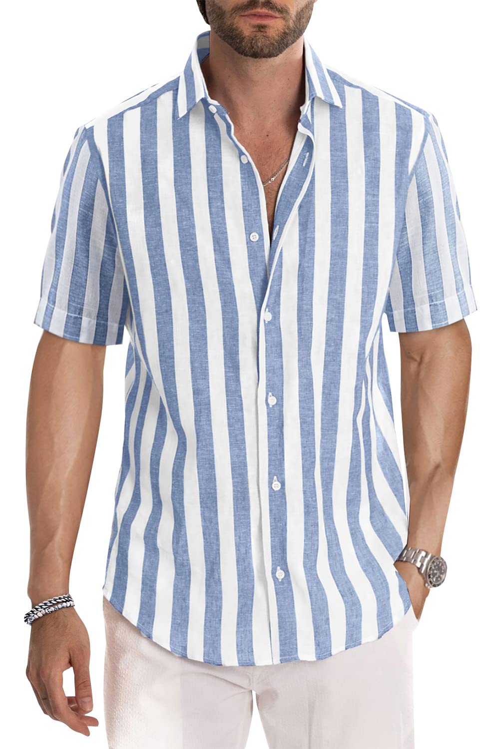 JMIERR Men's Casual Stylish Short Sleeve Button-Up Striped Dress Shirts Cotton Beach Shirt