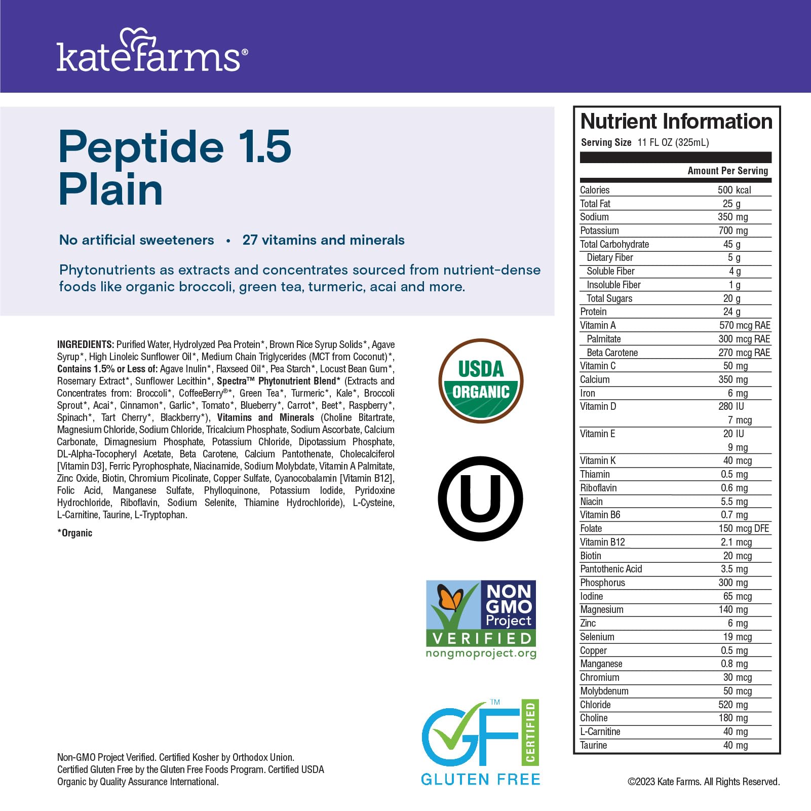 Kate Farms Organic Adult Peptide 1.5 Formula, Plain, Sole-Source, Hydrolyzed Plant-Based Nutrition for Oral or Tube Feeding, 11 Fl oz (12 Pack)