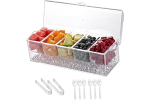 5-Section Ice-Chilled Party Tray with 6 Spoons & 2 Tongs - Clear Serving Caddy for Chilled Snacks, Dips & Fruits Perfect for 