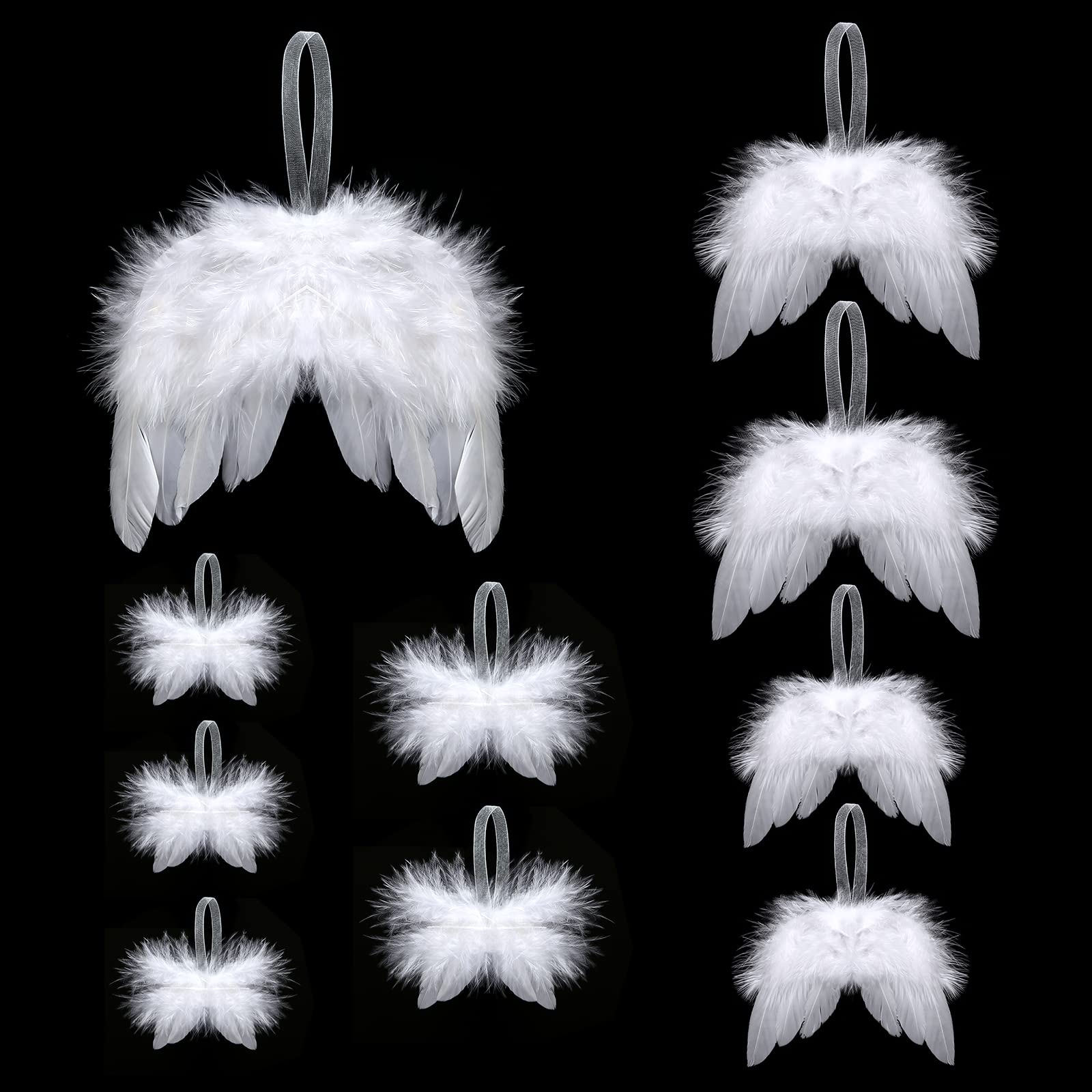Becellen 10Pcs White Angel Wing Christmas Tree Decorations Hanging Wings Feather Ornaments White Xmas Tree Decorations for Christmas Wedding Party, 5 Size