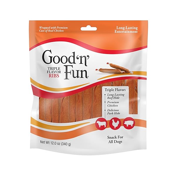 GOOD ‘N’ FUN TRIPLE FLAVOR RIBS CHEWS FOR ALL DOGS, 12 OUNCES, TREAT YOUR DOG TO LONG-LASTING CHEWS MADE WITH BEEF HIDE, CHICKEN AND PORK HIDE