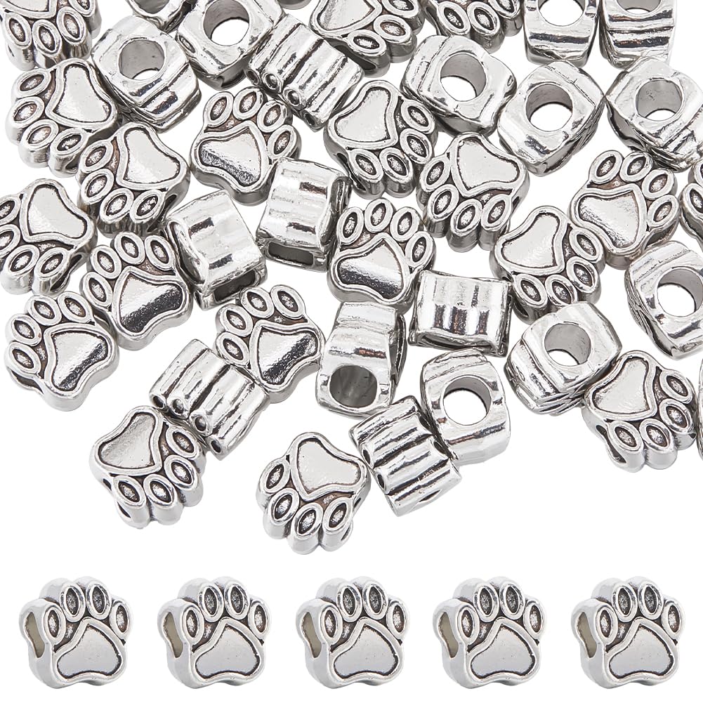 SUNNYCLUE 1 Box 60Pcs Silver Paw Print Beads Bulk Dog Paw Bead Alloy Vintage Metal Puppy Cat Bear Animal Pet Cute Large Hole Spacer Footprint Beads for Jewellery Making Beading Bracelets DIY Crafts