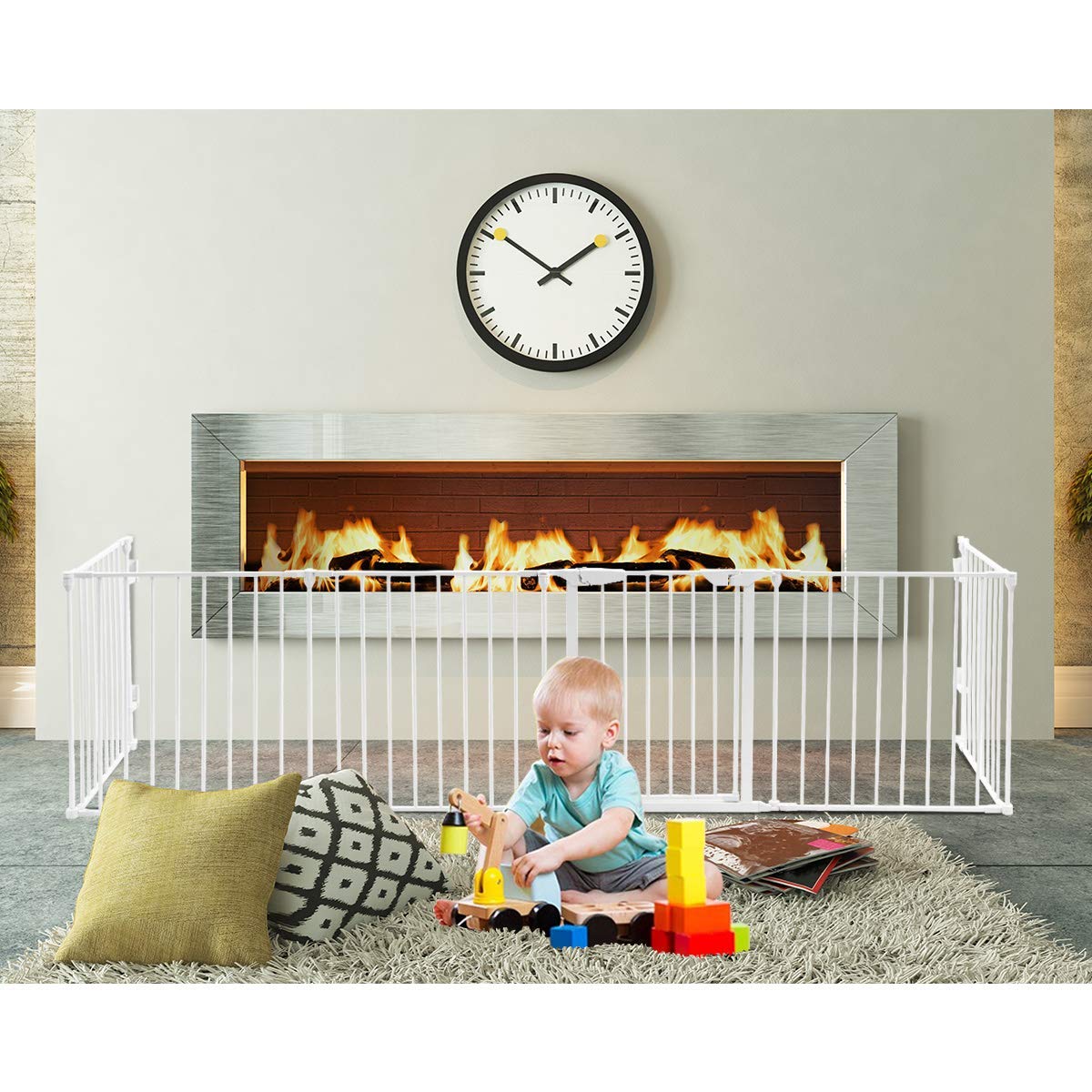 PETSJOY 6 Panels Baby Safety Gate, 5-in-1 Fireplace Fence, Wide Barrier Gate with Walk-Through Door in Two Directions, Add/Decrease Panels Directly, Wall-Mount Metal Gate for Pet & Child