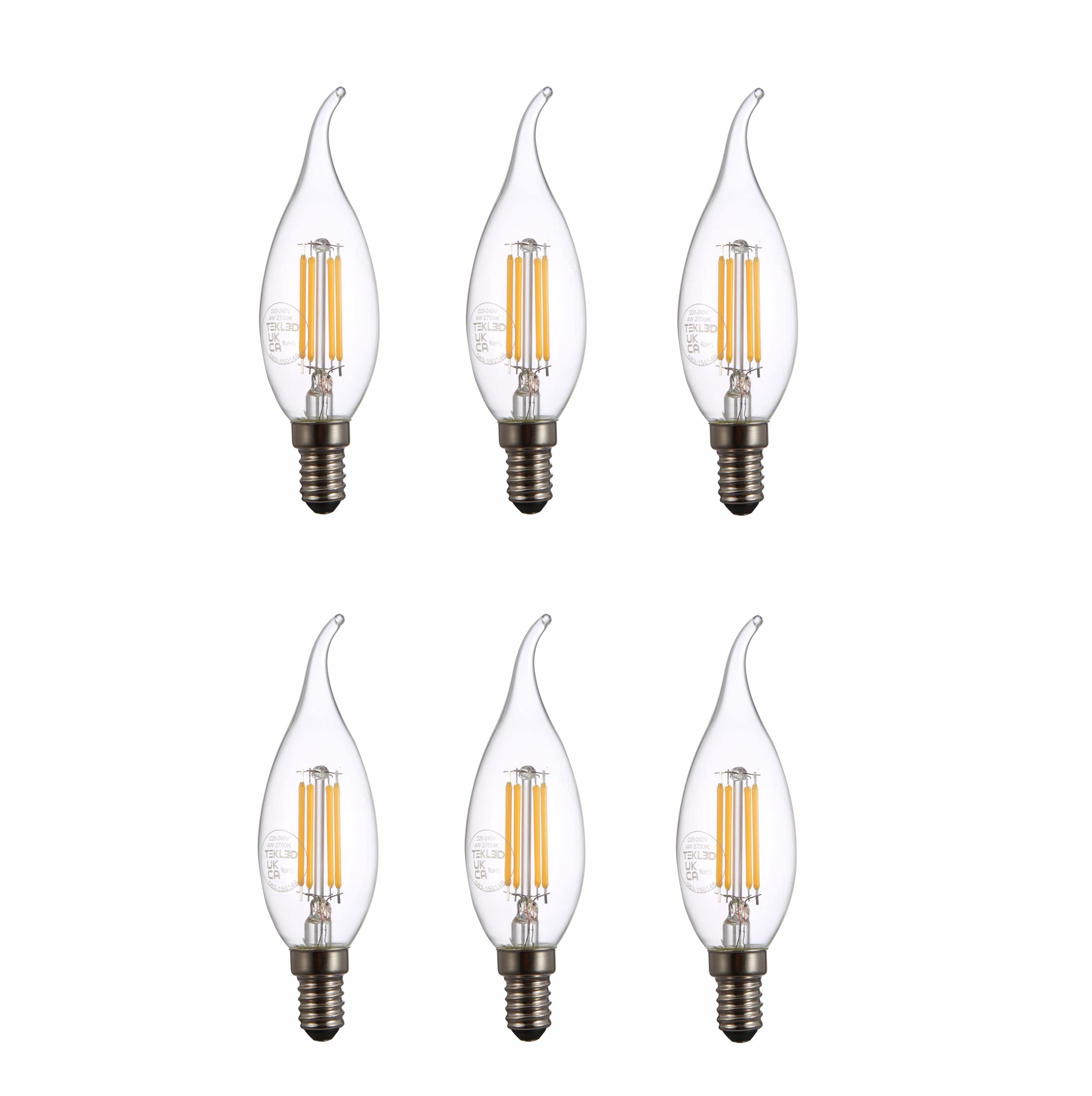 TEKLED® C35 Tail Filament Vintage LED Bulbs | Flame Tip E14 Small Edison Screw | Energy Saving 4W Light Bulb 40W Equivalent | NONDIMMABLE Clear 2700K 470LM | 6-Pack | Warm White