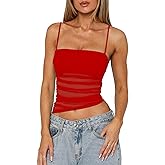Mizoci Women's Sexy Spaghetti Straps Mesh Asymmetrical Ruched Sleeveless Going Out Camisole Crop Top