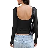 EasyGala Womens Open Back Double Lined Top Long Sleeve Y2K Going Out Top Sexy Backless Boat Neck Shirt Spring Fall Tee