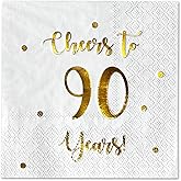 Cheers to 90 Years Cocktail Napkins | Happy 90th Birthday Decorations for Men and Women and Wedding Anniversary Party Decorations | 50-Pack 3-Ply Napkins | 5 x 5 inch folded (White)