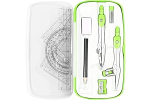 Vobou Math Geometry Kit Sets 10 Piece Student Supplies with Shatterproof Storage Box,Includes Rulers,Protractor,Compass,Eraser,Pencil Sharpener,Lead Refills,Pencil,for Drafting and Drawings（Green）