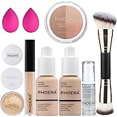 PHOERA Foundation, PHOERA Contour Palette,Shades with Highlighter & Bronzer & Blush,Up to 24 Hour Fresh Wear,PHOERA Concealer Primer Powder (101+102+ #001 Contour/Porcelain+ Nude+#001)