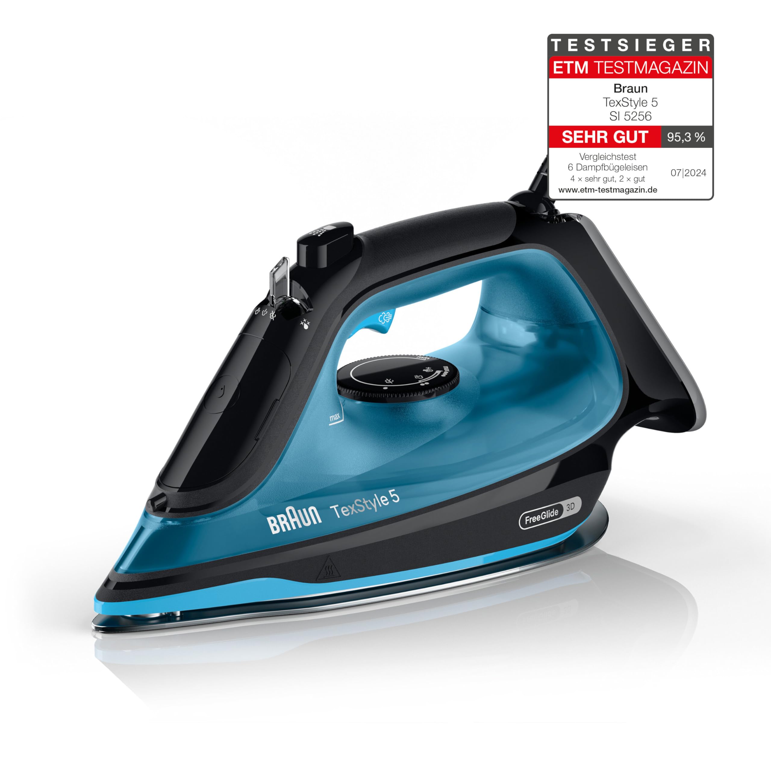 Braun Household TexStyle 5 SI5256 BL Dampfbügeleisen mit FreeGlide 3D Bügelsohle, Präzisionsspitze, Vertikaldampf, Anti-Tropf-System, 210 g/min Dampfstoß, 300ml Wassertank, 2600W, Schwarz/Blau