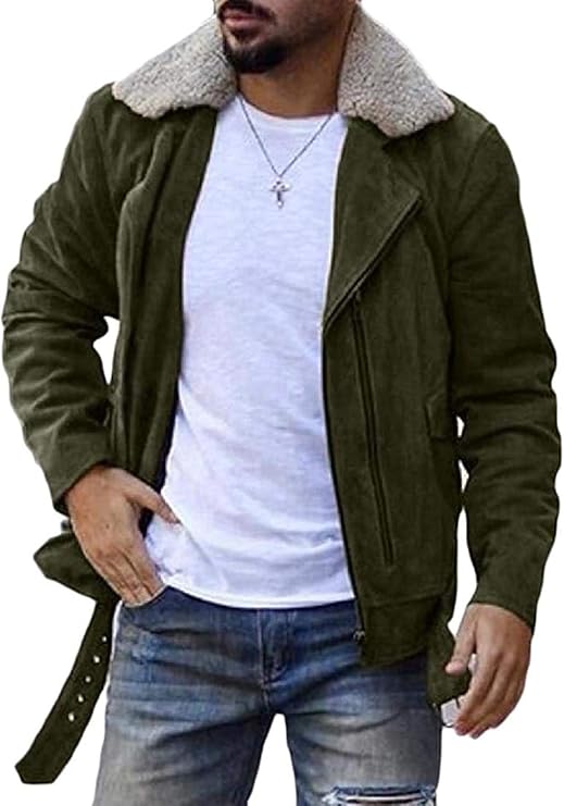 Men SherpaCollar Zip Front Belted Jacket Fall & Winter Solid Trench