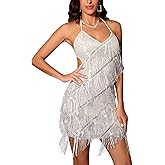 houstil 1920s Sequin Dress for Women V Neck Halter Gatsby Flapper Dresses Tie Back Formal Club Party Evening Gown
