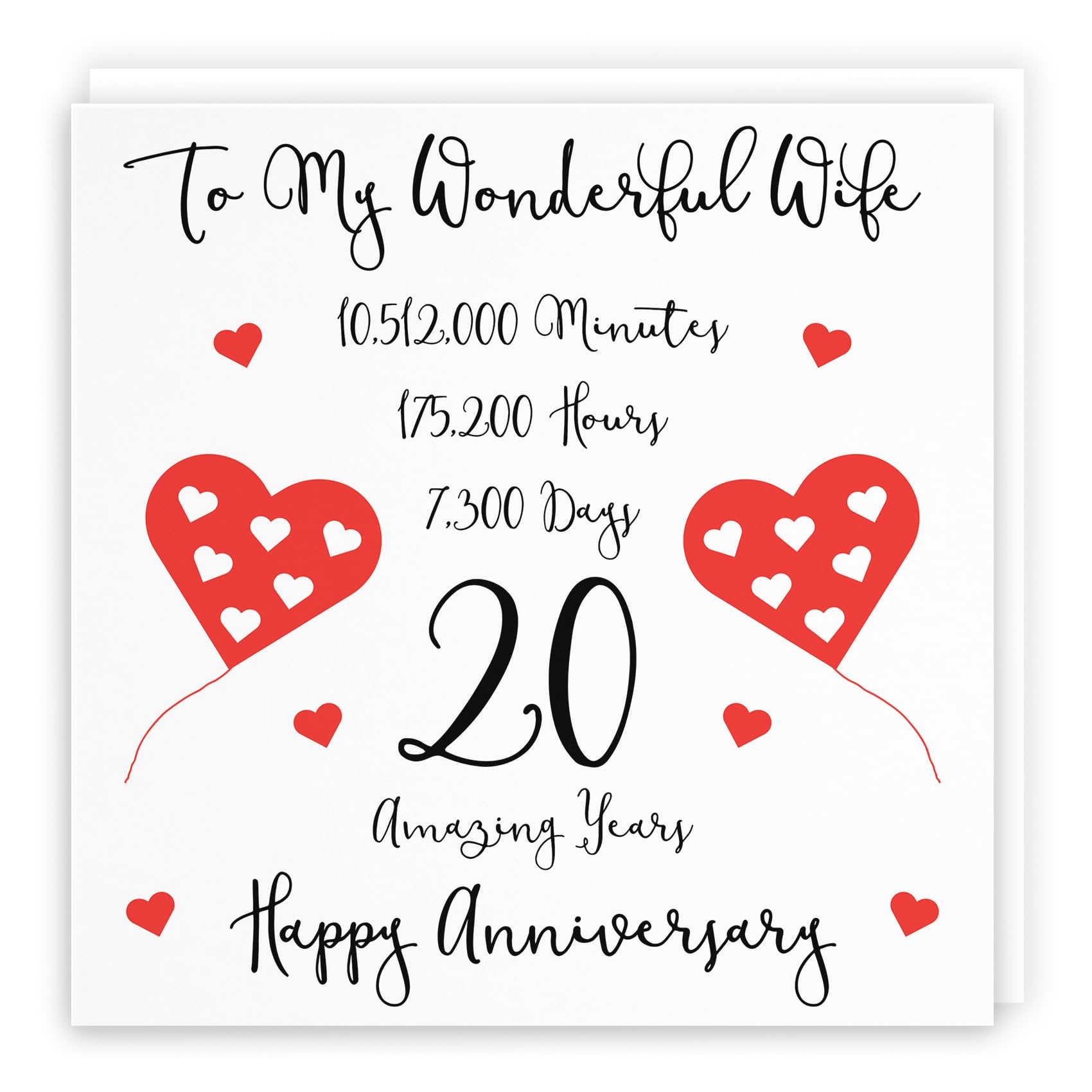 Hunts England - Large Romantic Wife 20th Wedding Anniversary Card - To My Wonderful Wife - 20 Amazing Years - Timeless Collection - Large - 210 x 210 mm