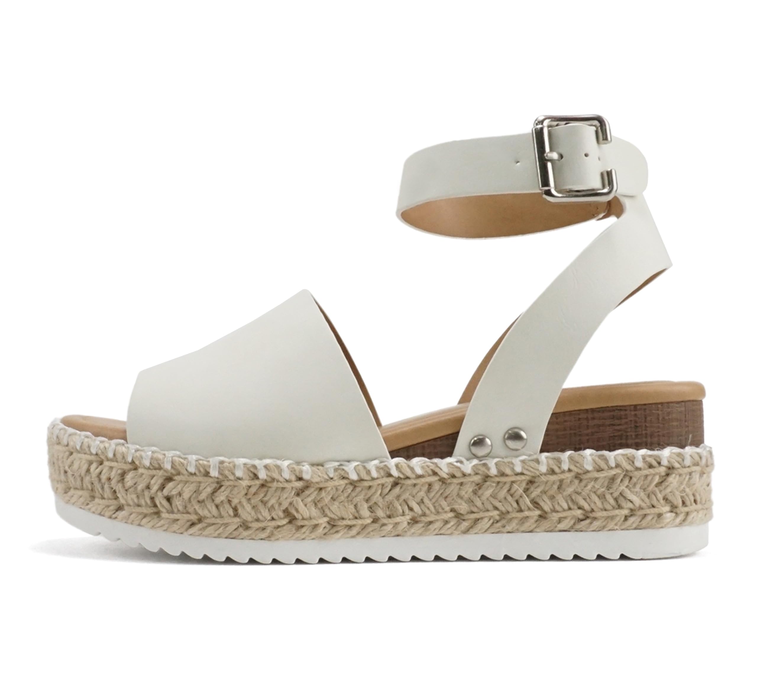 Soda Topic Open Toe Buckle Ankle Strap Espadrilles Flatform Wedge Casual Sandal (O-Whte Nb (Whipped Stitch), 6) Image