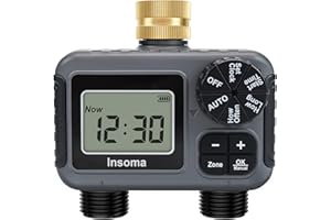 Insoma 2-Zone Hose Timer - Brass Inlet Dual Outlet Sprinkler Timer with Rain Delay/Manual/Auto Modes, 2-Outlet Water Timers for Garden/Greenhouse/Flower Irrigation, Durable Faucet Timers for Lawn Care