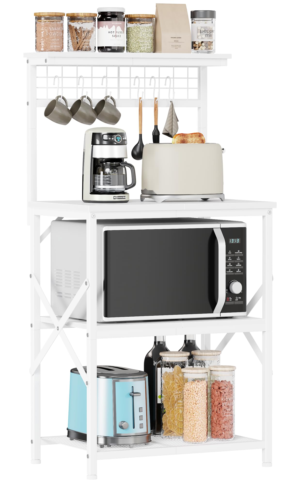 Furologee Kitchen Bakers Rack with Hutch, Coffee Bar Station 4 Tiers, Microwave Oven Stand with 6 S Hooks and Pegboard, Kitchen Microwave Rack for Spice Organizer Workstation, White
