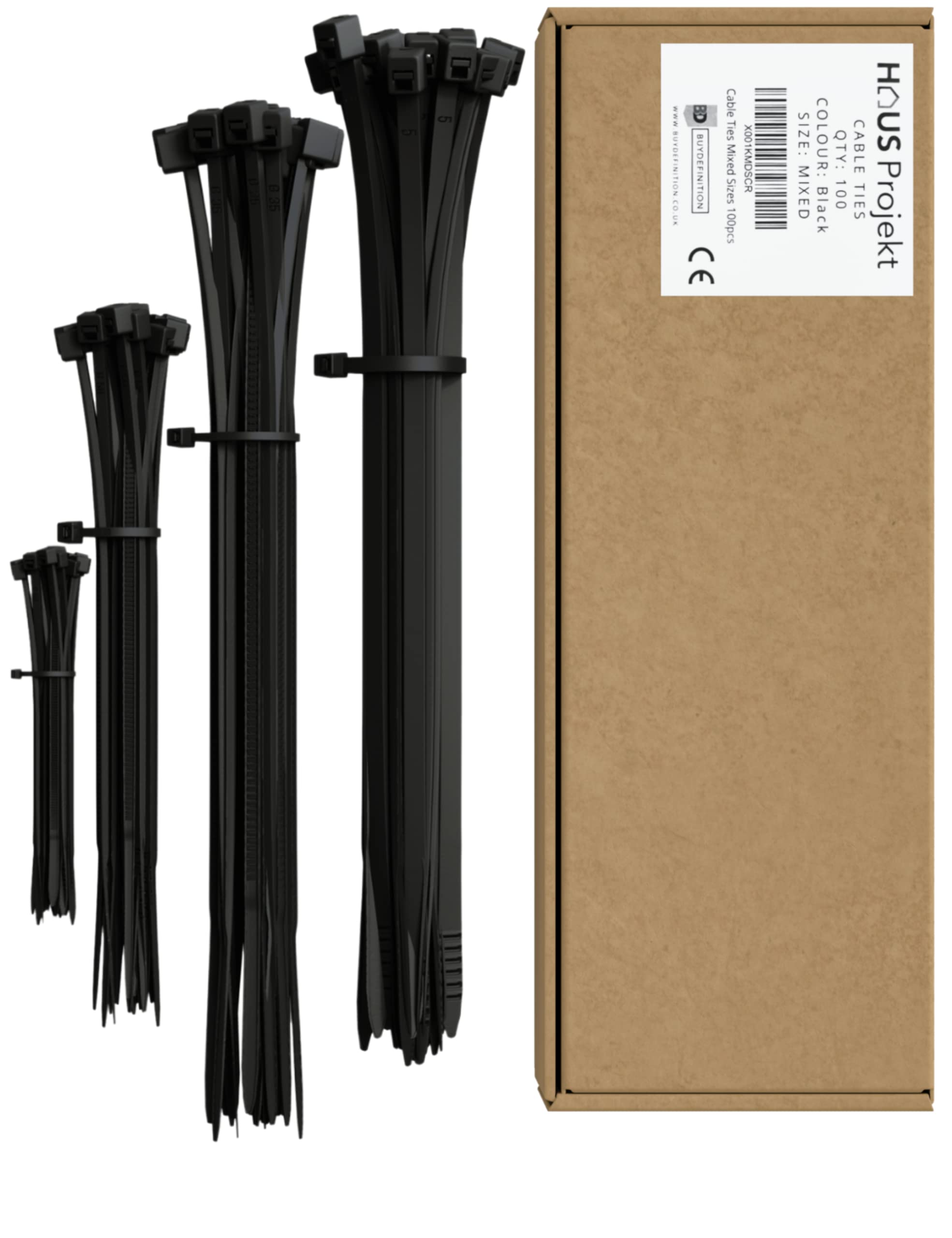 Haus Projekt Cable Ties 100 Pack Black, Mixed Size Assorted Zipties, 100/200mm x2.5, 300x3.6/4.8, Cable Management Tidy, Heavy Duty Plastic Zip Tie Wraps, Garden Cable Ties, Small Long Wire Organiser — image 1