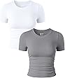 OQQ Womens 2 Piece Shirts Short Sleeve Crew Neck Ruched Stretch Fitted Tee Shirts Crop Tops
