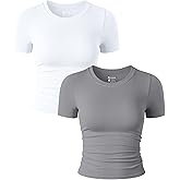 OQQ Womens 2 Piece Shirts Short Sleeve Crew Neck Ruched Stretch Fitted Tee Shirts Crop Tops