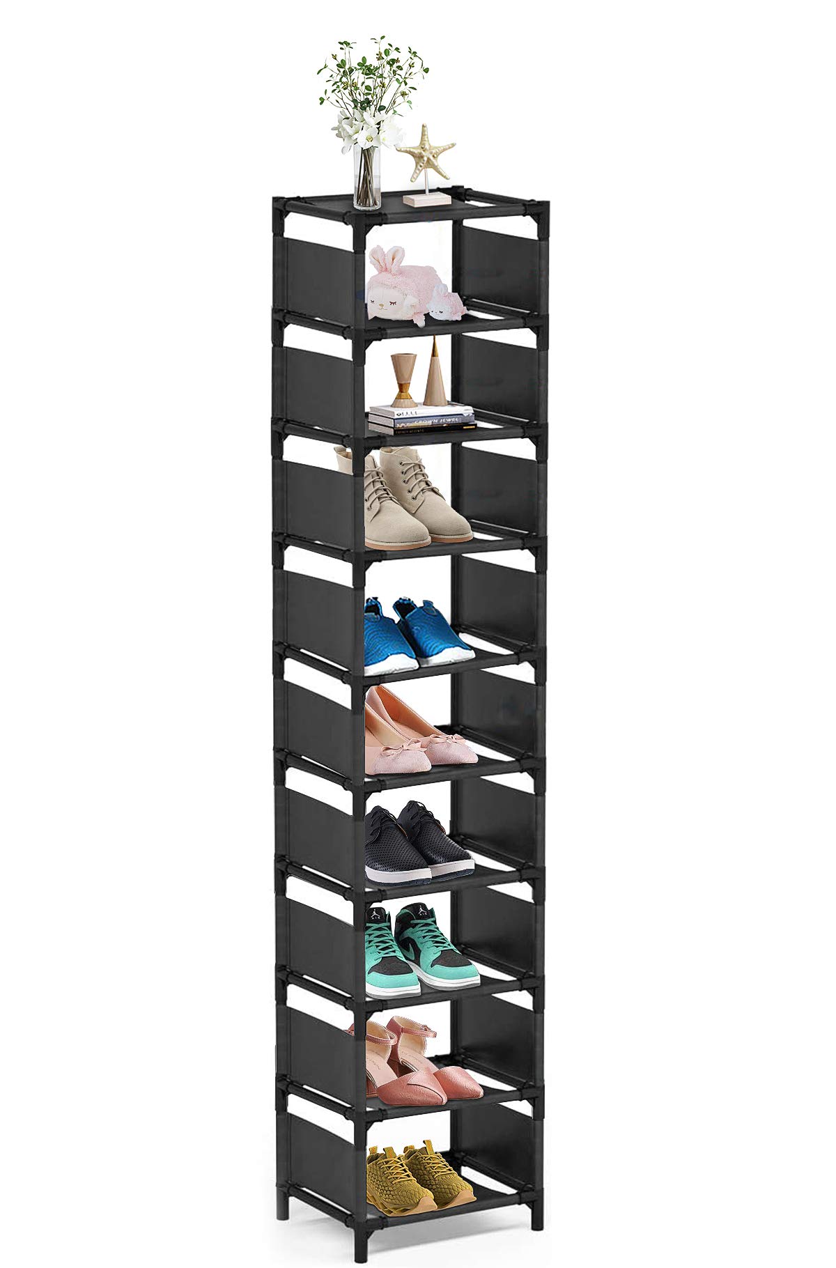 sunvito Shoe Rack 10 Tiers, Space Saving 10 Pairs Tall Shoes Organizer Shoe Shelves, Narrow Shoe Rack Stackable Cubby Storage for Entryway, Closet, Cabinet, Bedroom, Garage, Wardrobe, Door, Hallway