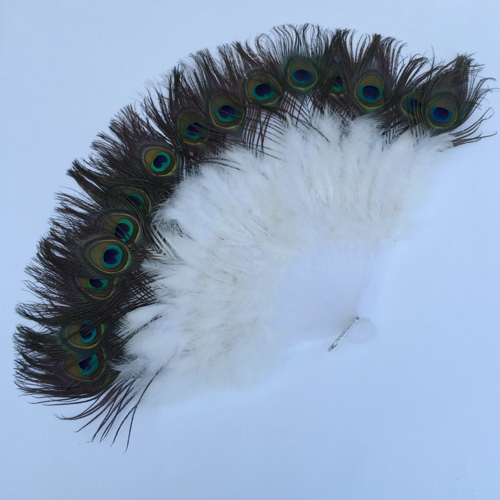shekyeon White Marabou Peacock Handmade Feather Fan for Performance