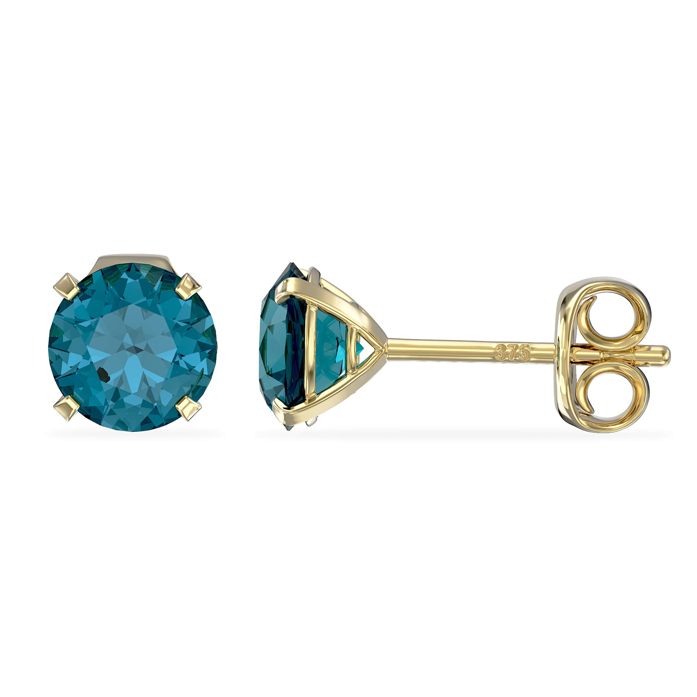 Aeon Birthstone Stud Earrings - December Blue Topaz | 9ct Yellow Gold & Cubic Zirconia Diamond | Polishing Cloth Included | 4 Pronged Stone