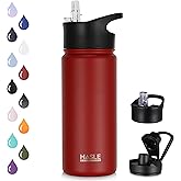 HASLE OUTFITTERS Insulated Water Bottle Kids 16 oz Double Wall Vacuum Stainless Steel Water Bottle Leak Proof for School Wide Mouth with Straw Lid & Spout Lid Keeps Cold and Hot(Red,1pack)