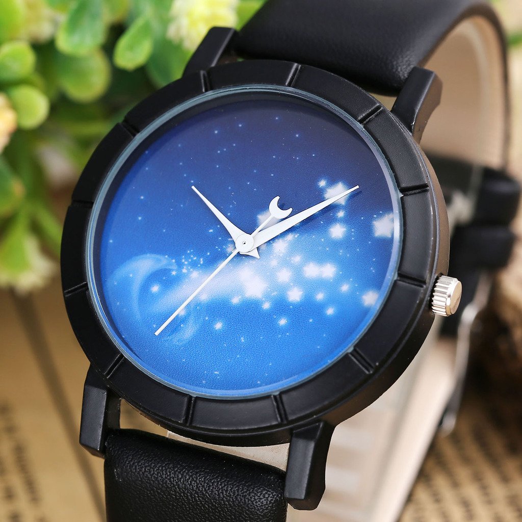 Top Plaza Amazing Starry Cosmos Womens Fashion Analog Quartz Watch With Black PU Leather Band - Starlight