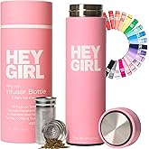 Hey Girl Tea Infuser Bottle 450ml - Insulated Stainless Steel Water Bottle - Tea Tumbler with Tea Diffuser - Portable Travel Mug for Loose Leaf Tea & Infused Water - Tea Lovers Gifts for Women (Pink)