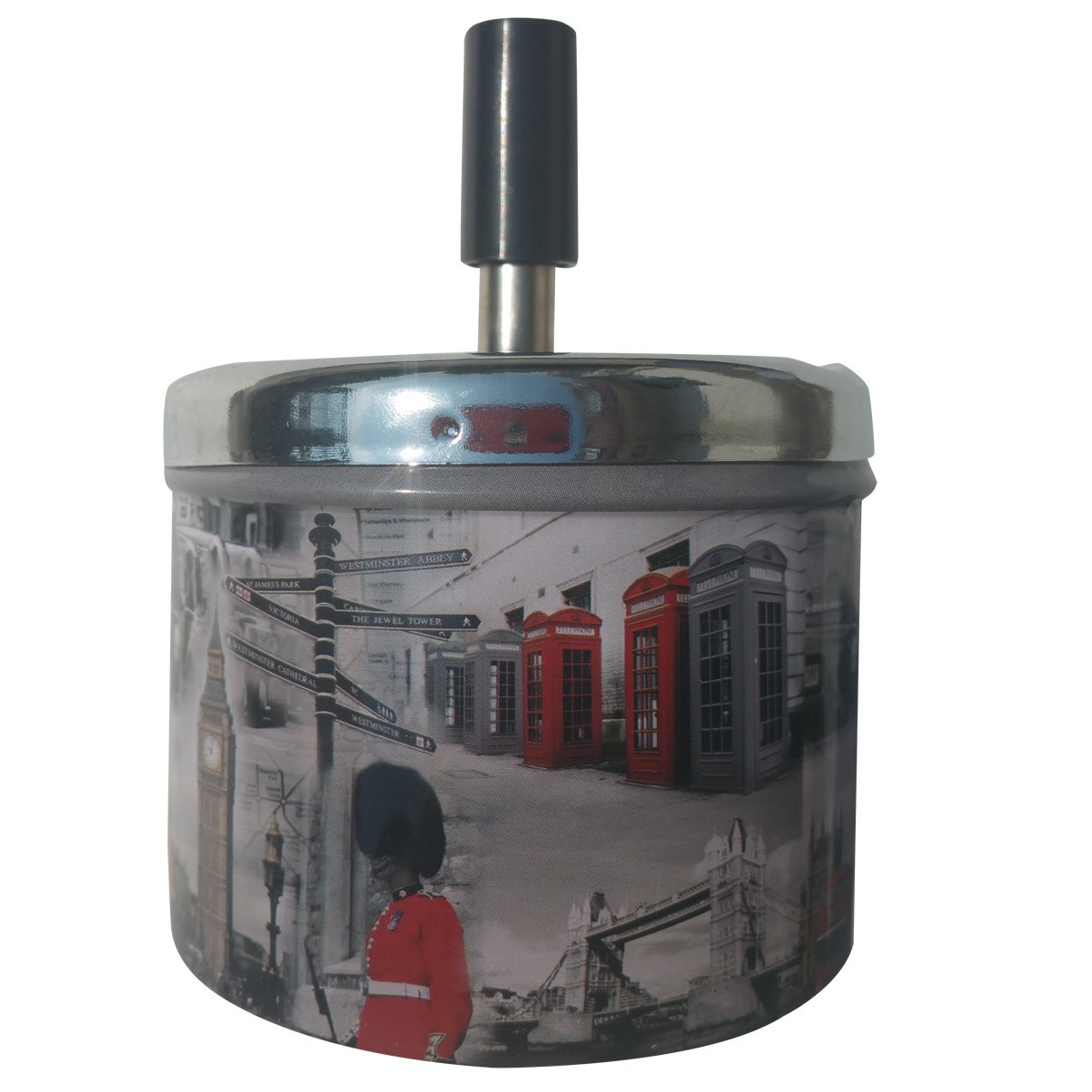 Condello Casa Smokeless Metal Tin Push Down Ashtray for Cigarettes Cigars With Spinning Tray Lid Covered Portable Ash Tray Bucket for Home Tabletop,Patio,Sand,Car,Auto,Outdoors,Indoors (British 2) โ image 1