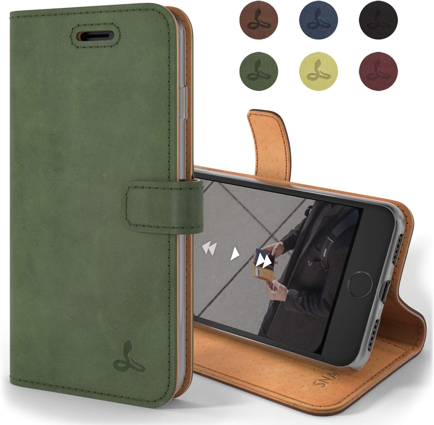 Snakehive Vintage Wallet for Apple iPhone 7 || Genuine Leather Wallet Phone Case || Real Leather with Viewing Stand & 3 Card Holder || Flip Folio Cover with Card Slot (Dark Green)