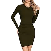 Missufe Women's Round Neck Long Sleeve Ruched Bodycon Ribbed Casual Above Knee Length Dress Fitted Fleece Dresses