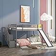 Low Bunk Bed with Slide and Stairs Twin Over Twin Bunk Beds Wood Frame for Kids Toddlers Boys Girls, Gray