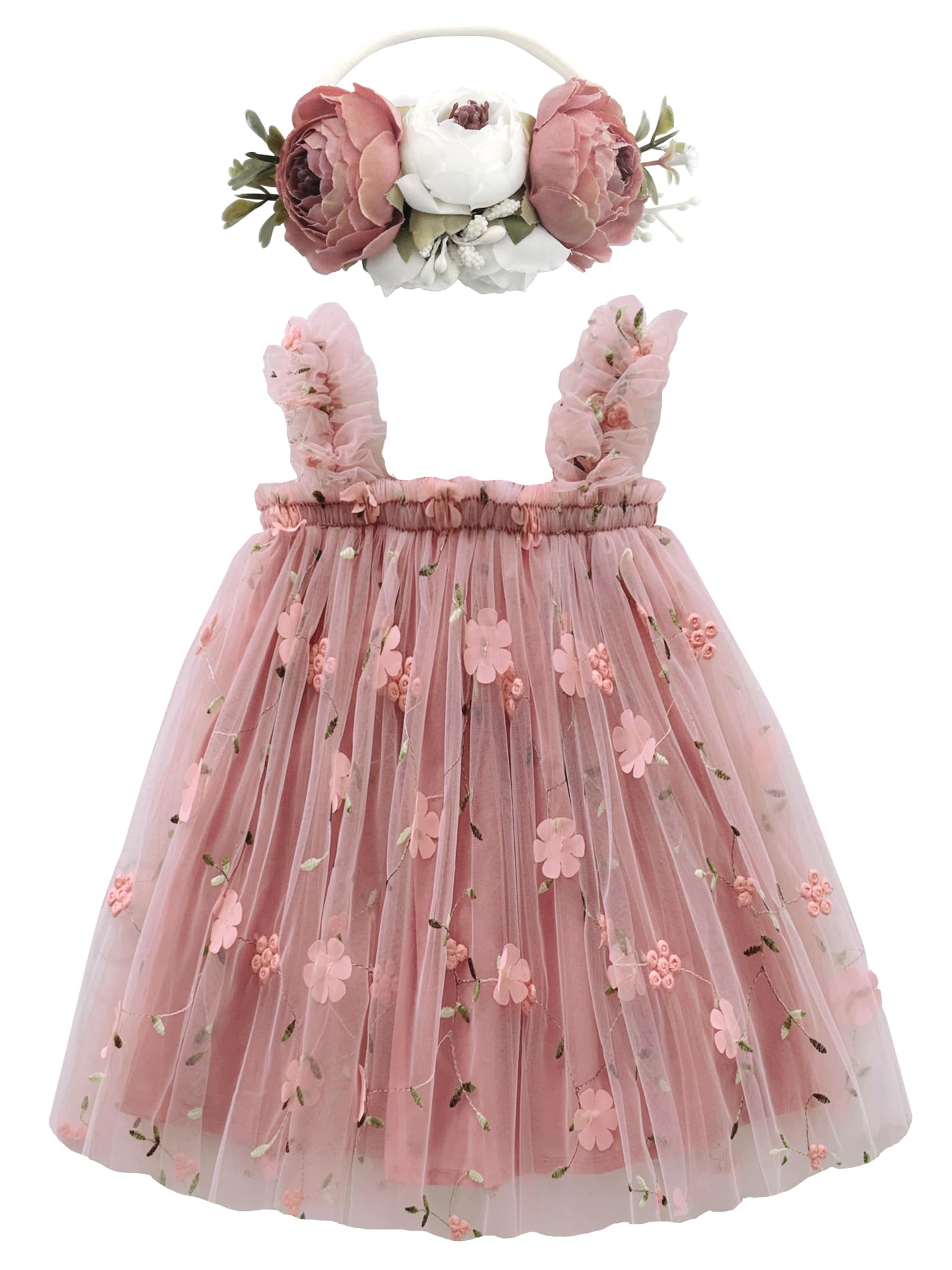 Photo 1 of *ONLY DRESS* BGFKS Layered Tulle Tutu Dress for Toddler Girls,Baby Girl Rainbow Tutu Princess Skirt Set with Flower Headband.(Flower Dusty Rose,2T)