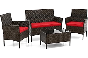 DORTALA 4-Piece Rattan Patio Furniture Set, Outdoor Table & Chair Set with Tempered Glass Coffee Table, Cushion, Wicker Conve