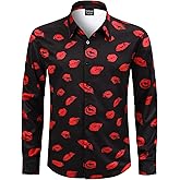 Fashonal Men's Valentines Day Novelty Button Down Long Sleeve Shirt, S-4XL