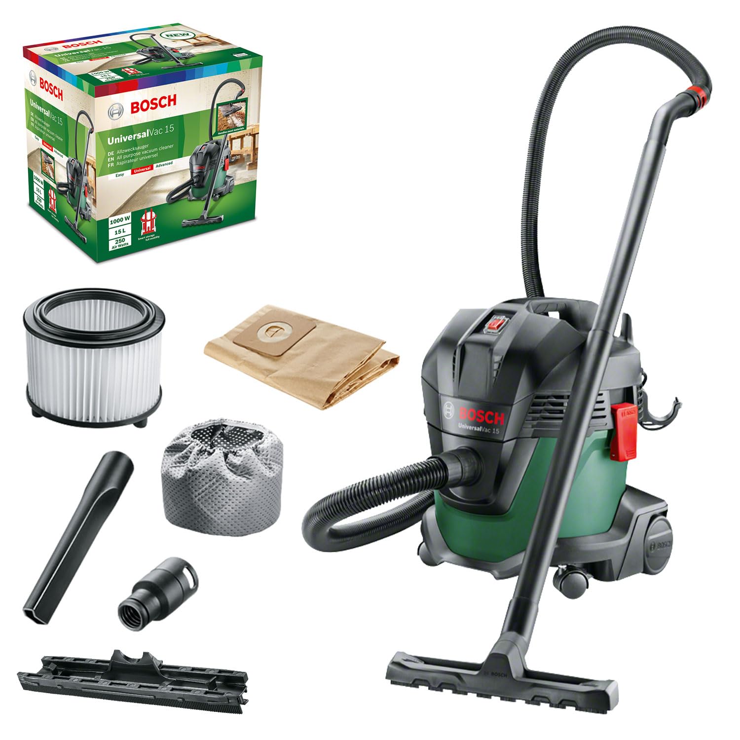 Bosch wet & dry vacuum cleaner UniversalVac 15 (1000 W, 15 l container volume, in Carton Packaging)